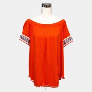 New Directions Aztec Embroidered Pom Pom Top